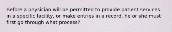 Before a physician will be permitted to provide patient services in a specific facility, or make entries in a record, he or she must first go through what process?