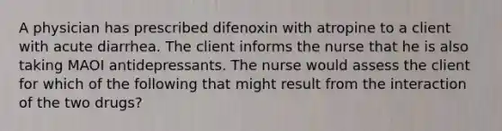 A physician has prescribed difenoxin with atropine to a client with acute diarrhea. The client informs the nurse that he is also taking MAOI antidepressants. The nurse would assess the client for which of the following that might result from the interaction of the two drugs?