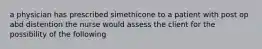 a physician has prescribed simethicone to a patient with post op abd distention the nurse would assess the client for the possibility of the following