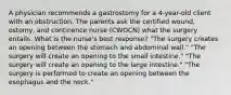 A physician recommends a gastrostomy for a 4-year-old client with an obstruction. The parents ask the certified wound, ostomy, and continence nurse (CWOCN) what the surgery entails. What is the nurse's best response? "The surgery creates an opening between the stomach and abdominal wall." "The surgery will create an opening to the small intestine." "The surgery will create an opening to the large intestine." "The surgery is performed to create an opening between the esophagus and the neck."