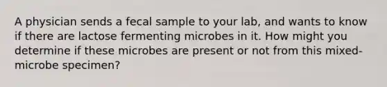 A physician sends a fecal sample to your lab, and wants to know if there are lactose fermenting microbes in it. How might you determine if these microbes are present or not from this mixed-microbe specimen?