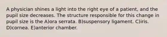 A physician shines a light into the right eye of a patient, and the pupil size decreases. The structure responsible for this change in pupil size is the A)ora serrata. B)suspensory ligament. C)iris. D)cornea. E)anterior chamber.