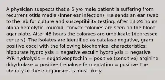 A physician suspects that a 5 y/o male patient is suffering from recurrent otitis media (inner ear infection). He sends an ear swab to the lab for culture and susceptibility testing. After 18-24 hours alpha hemolytic, mucoid, convex colonies are seen on <a href='https://www.questionai.com/knowledge/k7oXMfj7lk-the-blood' class='anchor-knowledge'>the blood</a> agar plate. After 48 hours the colonies are umbilicate (depressed centers). The isolates are identified as catalase negative, gram positive cocci with the following biochemical characteristics: hippurate hydrolysis = negative esculin hydrolysis = negative PYR hydrolysis = negativeoptochin = positive (sensitive) arginine dihydrolase = positive trehalose fermentation = positive The identity of these organisms is most likely: