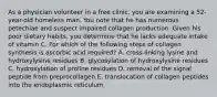 As a physician volunteer in a free clinic, you are examining a 52-year-old homeless man. You note that he has numerous petechiae and suspect impaired collagen production. Given his poor dietary habits, you determine that he lacks adequate intake of vitamin C. For which of the following steps of collagen synthesis is ascorbic acid required? A. cross-linking lysine and hydroxylysine residues B. glycosylation of hydroxylysine residues C. hydroxylation of proline residues D. removal of the signal peptide from preprocollagen E. translocation of collagen peptides into the endoplasmic reticulum