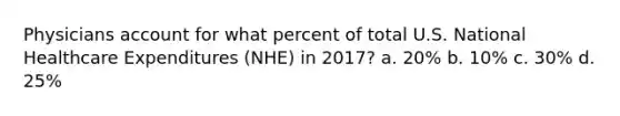 Physicians account for what percent of total U.S. National Healthcare Expenditures (NHE) in 2017? a. 20% b. 10% c. 30% d. 25%