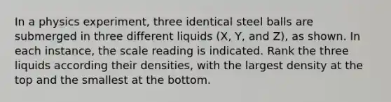 In a physics experiment, three identical steel balls are submerged in three different liquids (X, Y, and Z), as shown. In each instance, the scale reading is indicated. Rank the three liquids according their densities, with the largest density at the top and the smallest at the bottom.