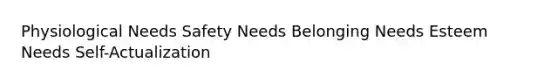 Physiological Needs Safety Needs Belonging Needs Esteem Needs Self-Actualization