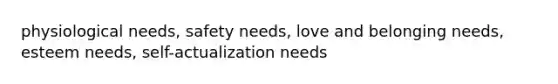 physiological needs, safety needs, love and belonging needs, esteem needs, self-actualization needs