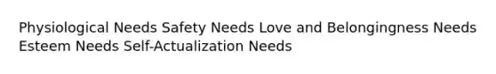 Physiological Needs Safety Needs Love and Belongingness Needs Esteem Needs Self-Actualization Needs