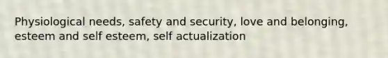 Physiological needs, safety and security, love and belonging, esteem and self esteem, self actualization