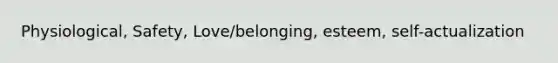 Physiological, Safety, Love/belonging, esteem, self-actualization