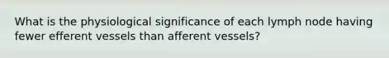 What is the physiological significance of each lymph node having fewer efferent vessels than afferent vessels?