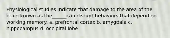 Physiological studies indicate that damage to the area of the brain known as the______can disrupt behaviors that depend on working memory. a. prefrontal cortex b. amygdala c. hippocampus d. occipital lobe