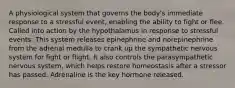 A physiological system that governs the body's immediate response to a stressful event, enabling the ability to fight or flee. Called into action by the hypothalamus in response to stressful events. This system releases epinephrine and norepinephrine from the adrenal medulla to crank up the sympathetic nervous system for fight or flight. It also controls the parasympathetic nervous system, which helps restore homeostasis after a stressor has passed. Adrenaline is the key hormone released.