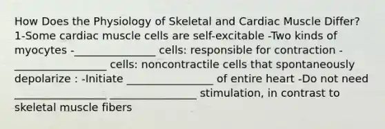 How Does the Physiology of Skeletal and Cardiac Muscle Differ? 1-Some cardiac muscle cells are self-excitable -Two kinds of myocytes -_______________ cells: responsible for contraction -_________________ cells: noncontractile cells that spontaneously depolarize : -Initiate ________________ of entire heart -Do not need _________________ ________________ stimulation, in contrast to skeletal muscle fibers