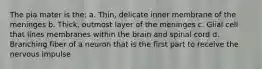 The pia mater is the: a. Thin, delicate inner membrane of the meninges b. Thick, outmost layer of the meninges c. Glial cell that lines membranes within the brain and spinal cord d. Branching fiber of a neuron that is the first part to receive the nervous impulse