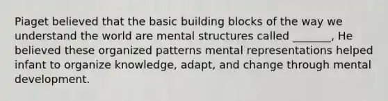 Piaget believed that the basic building blocks of the way we understand the world are mental structures called _______, He believed these organized patterns mental representations helped infant to organize knowledge, adapt, and change through mental development.