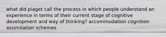 what did piaget call the process in which people understand an experience in terms of their current stage of cognitive development and way of thinking? accommodation cognition assimilation schemes