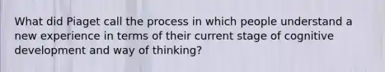 What did Piaget call the process in which people understand a new experience in terms of their current stage of cognitive development and way of thinking?