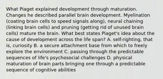 What Piaget explained development through maturation. Changes he described parallel brain development. Myelination (coating brain cells to speed signals along), neural chaining (linking brain cells) and pruning (getting rid of unused brain cells) mature the brain. What best states Piaget's idea about the cause of development across the life span? A. self-righting, that is, curiosity B. a secure attachment base from which to freely explore the environment C. passing through the predictable sequences of life's psychosocial challenges D. physical maturation of brain parts bringing one through a predictable sequence of cognitive abilities