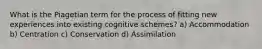 What is the Piagetian term for the process of fitting new experiences into existing cognitive schemes? a) Accommodation b) Centration c) Conservation d) Assimilation