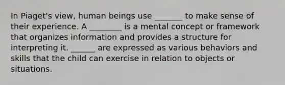 In Piaget's view, human beings use _______ to make sense of their experience. A ________ is a mental concept or framework that organizes information and provides a structure for interpreting it. ______ are expressed as various behaviors and skills that the child can exercise in relation to objects or situations.