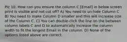 Pic 10. How can you ensure the column C [Email] in below screen print is visible and not cut off? A) You need to un-hide Column C B) You need to make Column D smaller and this will increase size of the Column C. C) You can double-click the line on the between column labels C and D to automatically increase the column width to fit the longest Email in the column. D) None of the options listed above are correct.