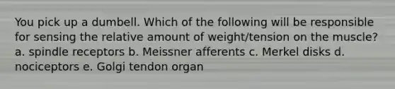 You pick up a dumbell. Which of the following will be responsible for sensing the relative amount of weight/tension on the muscle? a. spindle receptors b. Meissner afferents c. Merkel disks d. nociceptors e. Golgi tendon organ