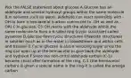 Pick the FALSE statement about glucose A.Glucose has an aldehyde and several hydroxyl groups within the same molecule B.In solvents such as water, aldehyde can react reversibly with -OH to form a hemiacetal (carbon connected to -OH as well as -OR) C.In glucose, C5-OH reacts with the aldehyde within the same molecule to form a 6-sided ring (cyclic structure) called pyranose D.Glucose form cyclic structures (Haworth structures) in solution (such as in the water in bloodstream and within cells and tissues) E.Cyclic glucose is also a reducing sugar since the ring can open up at the hemiacetal to give back the aldehyde and hydroxyl F.Since the non-chiral aldehyde carbon (C-1) became chiral after formation of the ring, C-1 (the hemiacetal carbon) is given a special name in the ring-it is called the omega carbon