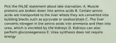 Pick the FALSE statement about late starvation: A. Muscle proteins are broken down into amino acids B. Certain amino acids are transported to the liver where they are converted into building blocks such as pyruvate or oxaloacetate C. The liver converts nitrogen in the amino acids into ammonia and then into urea, which is excreted by the kidneys D. Kidneys can also perform gluconeogenesis E. Urea synthesis does not require energy