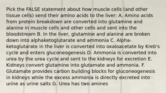 Pick the FALSE statement about how muscle cells (and other tissue cells) send their amino acids to the liver: A. Amino acids from protein breakdown are converted into glutamine and alanine in muscle cells and other cells and sent into the bloodstream B. In the liver, glutamine and alanine are broken down into alphaketoglutarate and ammonia C. Alpha-ketoglutarate in the liver is converted into oxaloacetate by Kreb's cycle and enters gluconeogenesis D. Ammonia is converted into urea by the urea cycle and sent to the kidneys for excretion E. Kidneys convert glutamine into glutamate and ammonia. F. Glutamate provides carbon building blocks for gluconeogenesis in kidneys while the excess ammonia is directly excreted into urine as urine salts G. Urea has two amines