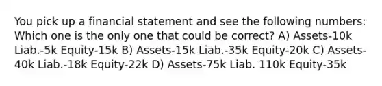 You pick up a financial statement and see the following numbers: Which one is the only one that could be correct? A) Assets-10k Liab.-5k Equity-15k B) Assets-15k Liab.-35k Equity-20k C) Assets-40k Liab.-18k Equity-22k D) Assets-75k Liab. 110k Equity-35k