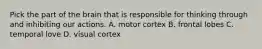 Pick the part of the brain that is responsible for thinking through and inhibiting our actions. A. motor cortex B. frontal lobes C. temporal love D. visual cortex