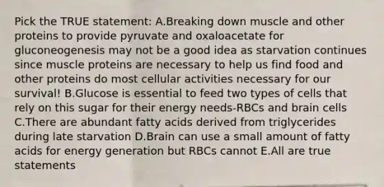 Pick the TRUE statement: A.Breaking down muscle and other proteins to provide pyruvate and oxaloacetate for gluconeogenesis may not be a good idea as starvation continues since muscle proteins are necessary to help us find food and other proteins do most cellular activities necessary for our survival! B.Glucose is essential to feed two types of cells that rely on this sugar for their energy needs-RBCs and brain cells C.There are abundant fatty acids derived from triglycerides during late starvation D.Brain can use a small amount of fatty acids for energy generation but RBCs cannot E.All are true statements