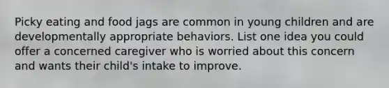 Picky eating and food jags are common in young children and are developmentally appropriate behaviors. List one idea you could offer a concerned caregiver who is worried about this concern and wants their child's intake to improve.