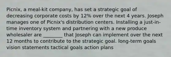 Picnix, a meal-kit company, has set a strategic goal of decreasing corporate costs by 12% over the next 4 years. Joseph manages one of Picnix's distribution centers. Installing a just-in-time inventory system and partnering with a new produce wholesaler are ________ that Joseph can implement over the next 12 months to contribute to the strategic goal. long-term goals vision statements tactical goals action plans