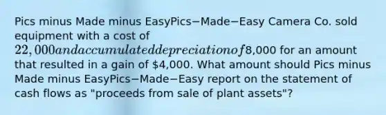 Pics minus Made minus EasyPics−Made−Easy Camera Co. sold equipment with a cost of 22,000 and accumulated depreciation of8,000 for an amount that resulted in a gain of 4,000. What amount should Pics minus Made minus EasyPics−Made−Easy report on the statement of cash flows as​ "proceeds from sale of plant​ assets"?