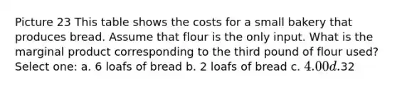 Picture 23 This table shows the costs for a small bakery that produces bread. Assume that flour is the only input. What is the marginal product corresponding to the third pound of flour used? Select one: a. 6 loafs of bread b. 2 loafs of bread c. 4.00 d.32