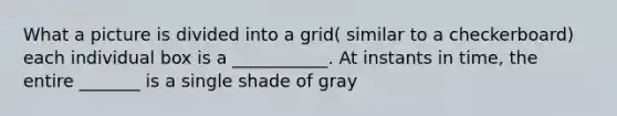 What a picture is divided into a grid( similar to a checkerboard) each individual box is a ___________. At instants in time, the entire _______ is a single shade of gray