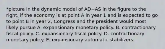 *picture In the dynamic model of AD−AS in the figure to the​ right, if the economy is at point A in year 1 and is expected to go to point B in year​ 2, Congress and the president would most likely pursue A. expansionary monetary policy. B. contractionary fiscal policy. C. expansionary fiscal policy. D. contractionary monetary policy. E. expansionary automatic stabilizers.