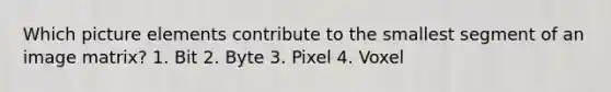 Which picture elements contribute to the smallest segment of an image matrix? 1. Bit 2. Byte 3. Pixel 4. Voxel