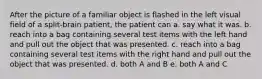 After the picture of a familiar object is flashed in the left visual field of a split-brain patient, the patient can a. say what it was. b. reach into a bag containing several test items with the left hand and pull out the object that was presented. c. reach into a bag containing several test items with the right hand and pull out the object that was presented. d. both A and B e. both A and C