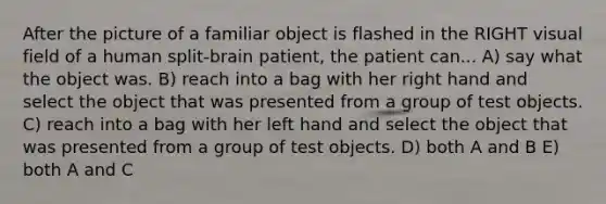 After the picture of a familiar object is flashed in the RIGHT visual field of a human split-brain patient, the patient can... A) say what the object was. B) reach into a bag with her right hand and select the object that was presented from a group of test objects. C) reach into a bag with her left hand and select the object that was presented from a group of test objects. D) both A and B E) both A and C