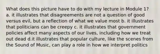 What does this picture have to do with my lecture in Module 1? a. it illustrates that disagreements are not a question of good versus evil, but a reflection of what we value most b. it illustrates that politicians can be creepy c. it illustrates that government policies affect many aspects of our lives, including how we treat out dead d.it illustrates that popular culture, like the scenes from the Sound of Music, can play a role in how we interpret politics