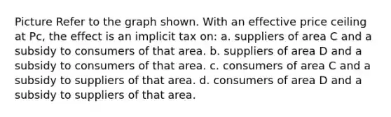 Picture Refer to the graph shown. With an effective price ceiling at Pc, the effect is an implicit tax on: a. suppliers of area C and a subsidy to consumers of that area. b. suppliers of area D and a subsidy to consumers of that area. c. consumers of area C and a subsidy to suppliers of that area. d. consumers of area D and a subsidy to suppliers of that area.