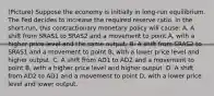 (Picture) Suppose the economy is initially in​ long-run equilibrium. The Fed decides to increase the required reserve ratio. In the​ short-run, this contractionary monetary policy will​ cause: A. A shift from SRAS1 to SRAS2 and a movement to point​ A, with a higher price level and the same output. B. A shift from SRAS2 to SRAS1 and a movement to point​ B, with a lower price level and higher output. C. A shift from AD1 to AD2 and a movement to point​ B, with a higher price level and higher output. D. A shift from AD2 to AD1 and a movement to point​ D, with a lower price level and lower output.