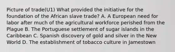 Picture of trade(U1) What provided the initiative for the foundation of the African slave trade? A. A European need for labor after much of the agricultural workforce perished from the Plague B. The Portuguese settlement of sugar islands in the Caribbean C. Spanish discovery of gold and silver in the New World D. The establishment of tobacco culture in Jamestown