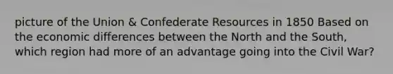 picture of the Union & Confederate Resources in 1850 Based on the economic differences between the North and the South, which region had more of an advantage going into the Civil War?