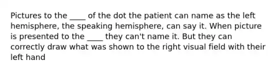 Pictures to the ____ of the dot the patient can name as the left hemisphere, the speaking hemisphere, can say it. When picture is presented to the ____ they can't name it. But they can correctly draw what was shown to the right visual field with their left hand