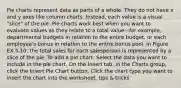 Pie charts represent data as parts of a whole. They do not have x and y axes like column charts. Instead, each value is a visual "slice" of the pie. Pie charts work best when you want to evaluate values as they relate to a total value—for example, departmental budgets in relation to the entire budget, or each employee's bonus in relation to the entire bonus pool. In Figure EX 5.10, the total sales for each salesperson is represented by a slice of the pie. To add a pie chart: Select the data you want to include in the pie chart. On the Insert tab, in the Charts group, click the Insert Pie Chart button. Click the chart type you want to insert the chart into the worksheet. tips & tricks